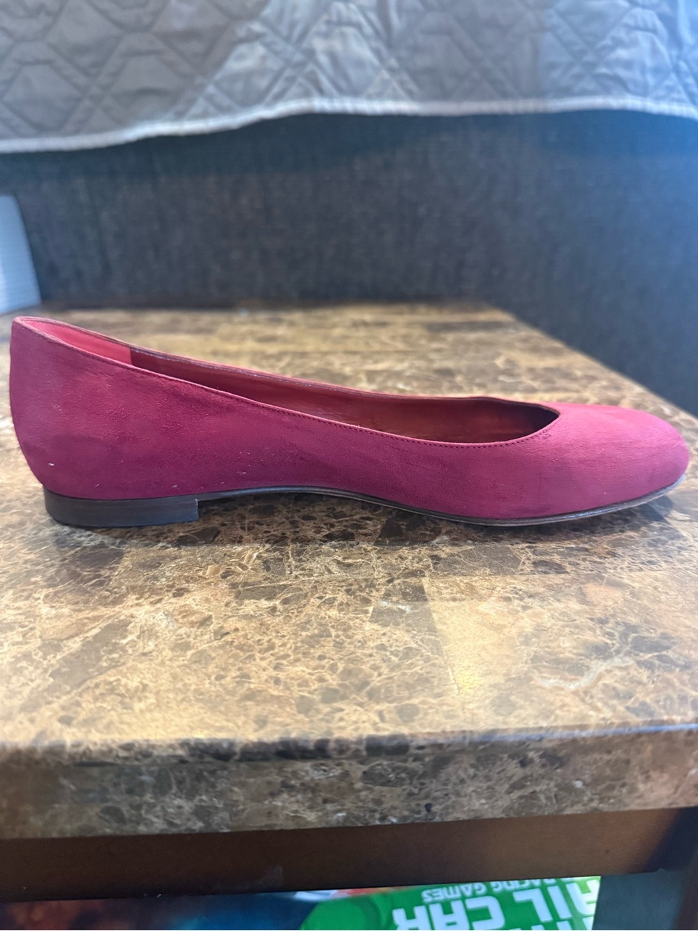Manolo Blahnik. Burgundy Suede Tere Round-Toe Skimmer Ballet Flat. 37.5. - Picture 5 of 13